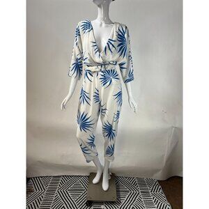 Vintage Dawn Joy Fashions White & Blue Palm Print Belted Jumpsuit Wrap V-Neck 3/